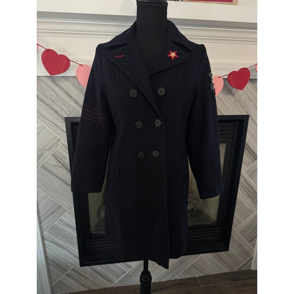 Chipie Navy Double-Breasted Military Style Coat with Red Stripe‎ Detail Vintage
